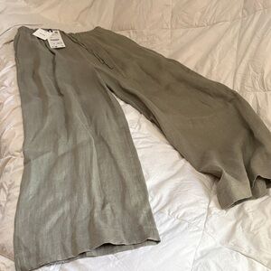 Zara 100% linen trousers size s grey green. NWT. Wide leg 13 inch opening